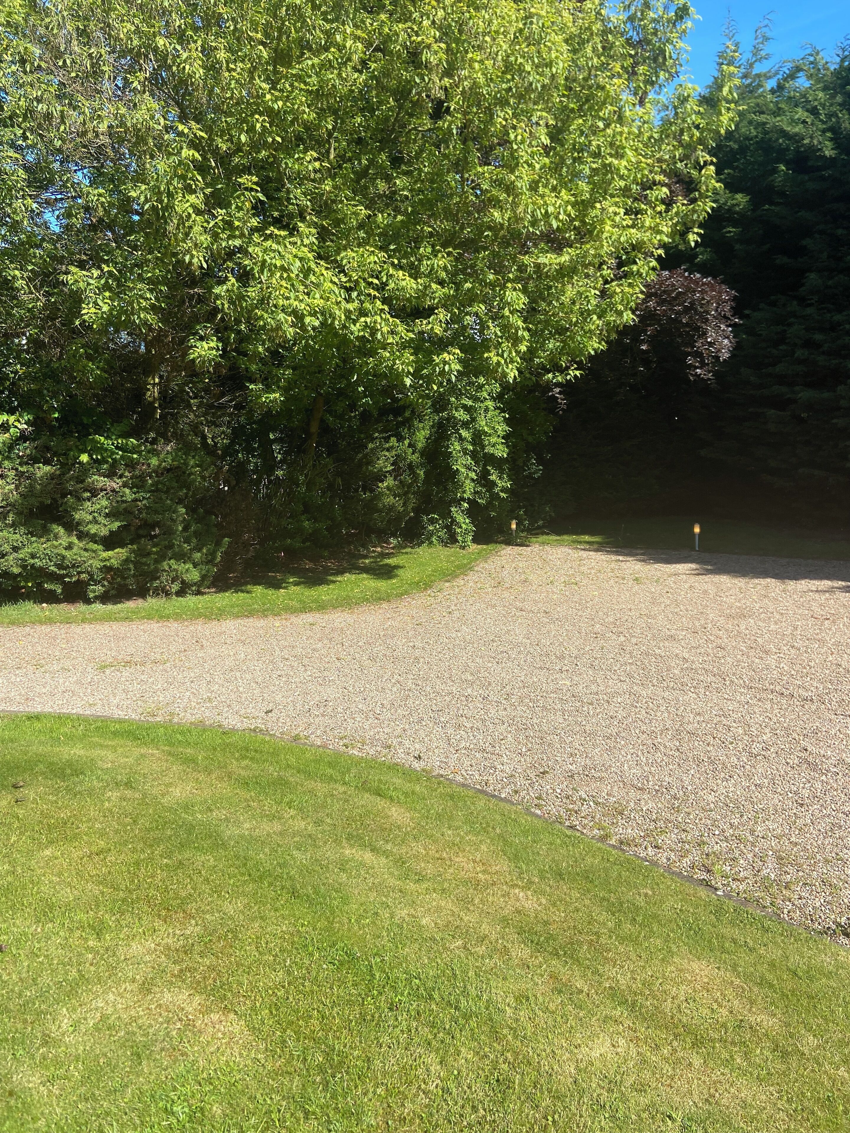 A gravel path leading through a grassy area with dense trees on one side.