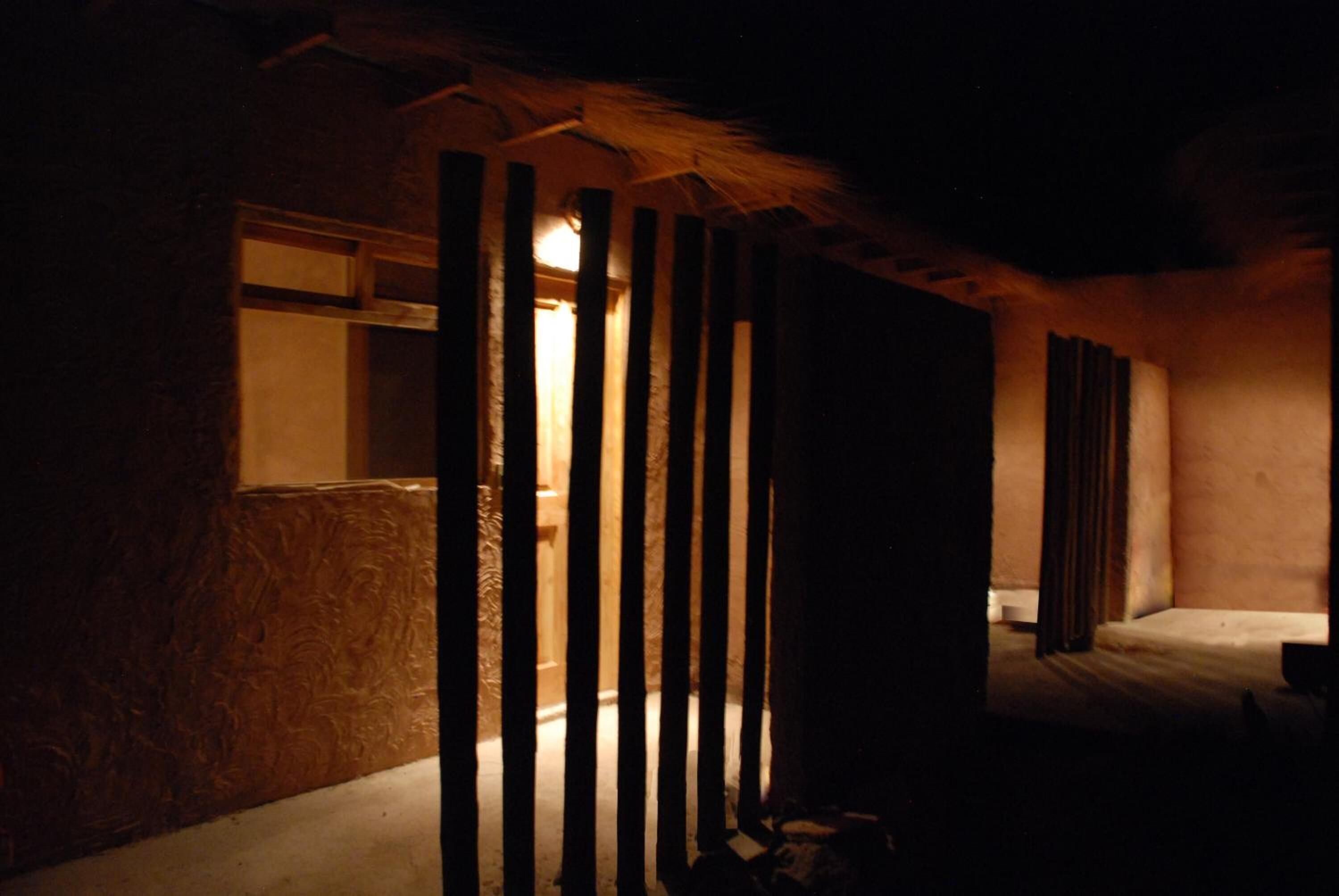 A dimly lit room with a thatched roof, wooden slats, and a bed.