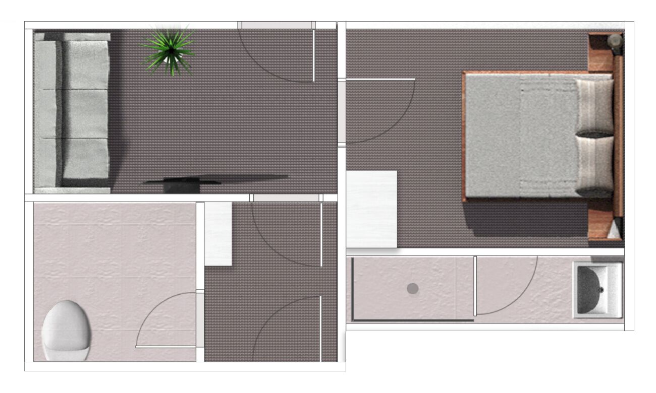 Una habitación con una cama, un escritorio, una silla y una planta pequeña.