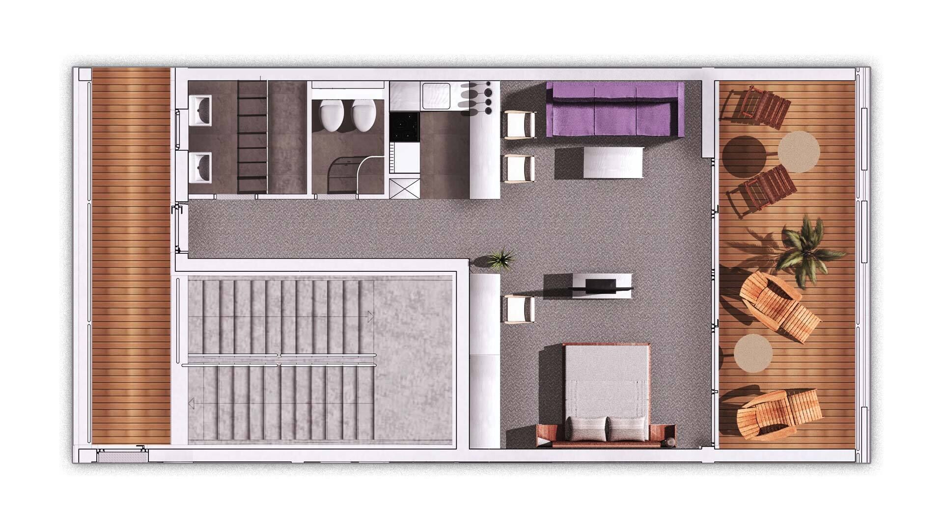 Plano de planta de una habitación de hotel con baño, una pequeña zona de estar, un comedor con mesa y sillas, y un ventanal grande.