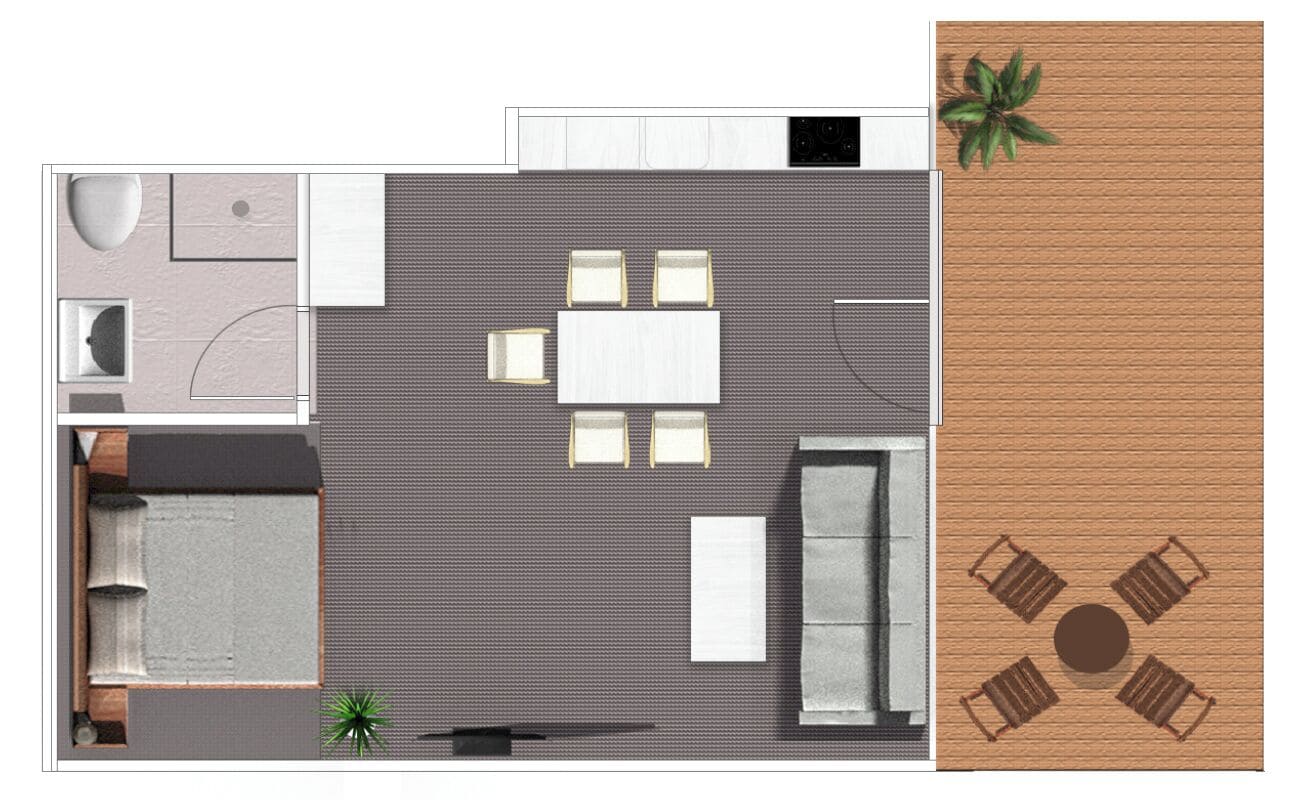 A hotel room layout with a bed, a desk, a chair, a small table, a sofa, a window, and a plant.