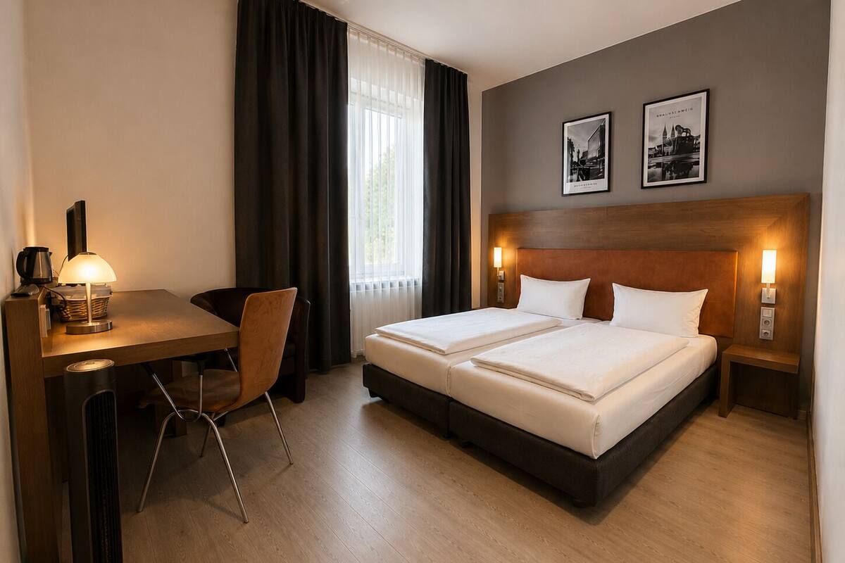 Hotellihuoneessa on sänky, työpöytä, tuoli, lamppu ja kaksi kehystettyä kuvaa seinällä.