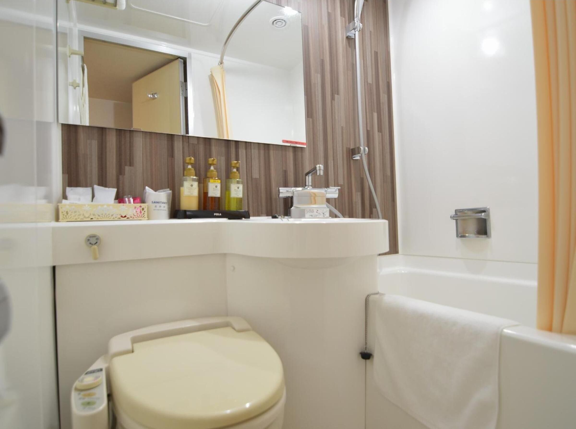 combined shower/bathtub, free toiletries, hair dryer, slippers