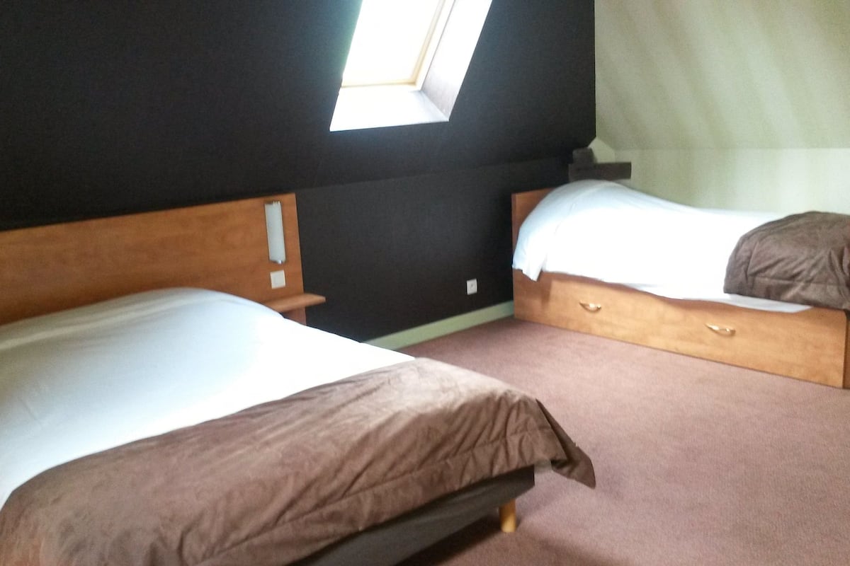 Een slaapkamer met twee bedden, een raam en een houten dressoir.
