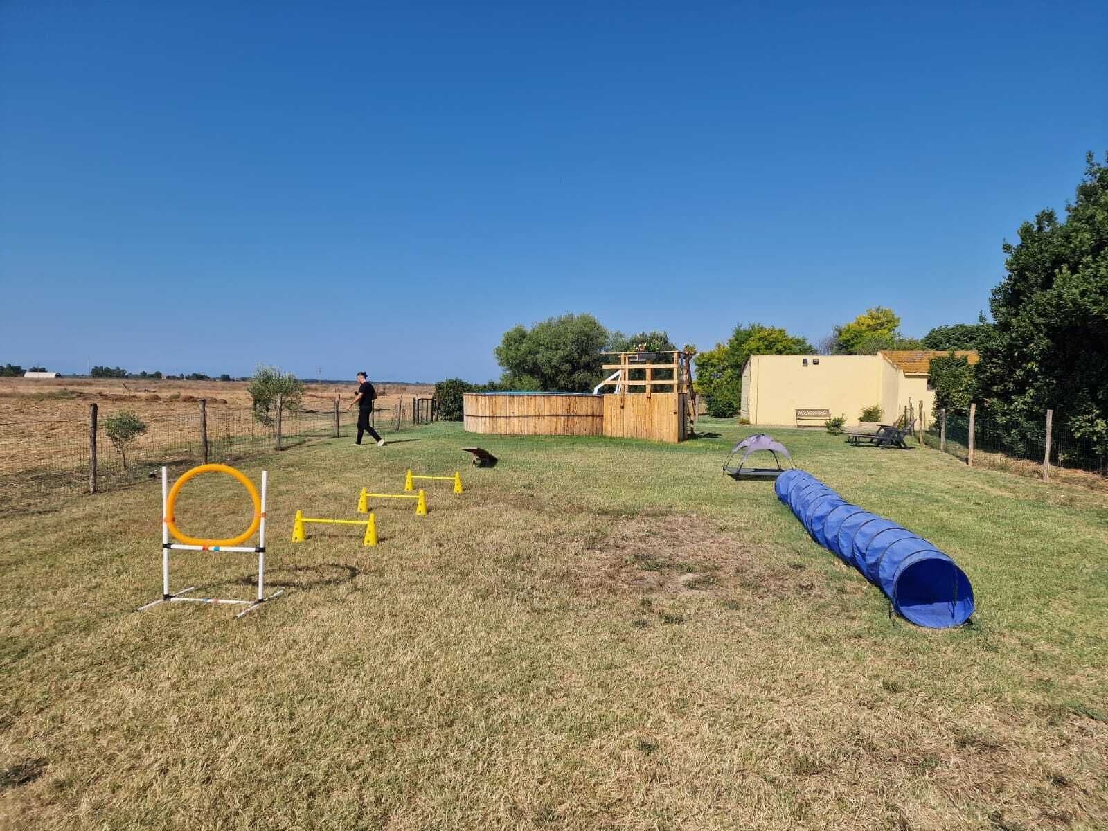 Zona de juegos al aire libre con un túnel azul, vallas amarillas y un aro.