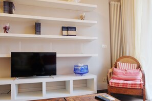 A living room with a flat-screen TV on a white stand, a wicker chair with a striped cushion, and a shelf with books and decorative items.