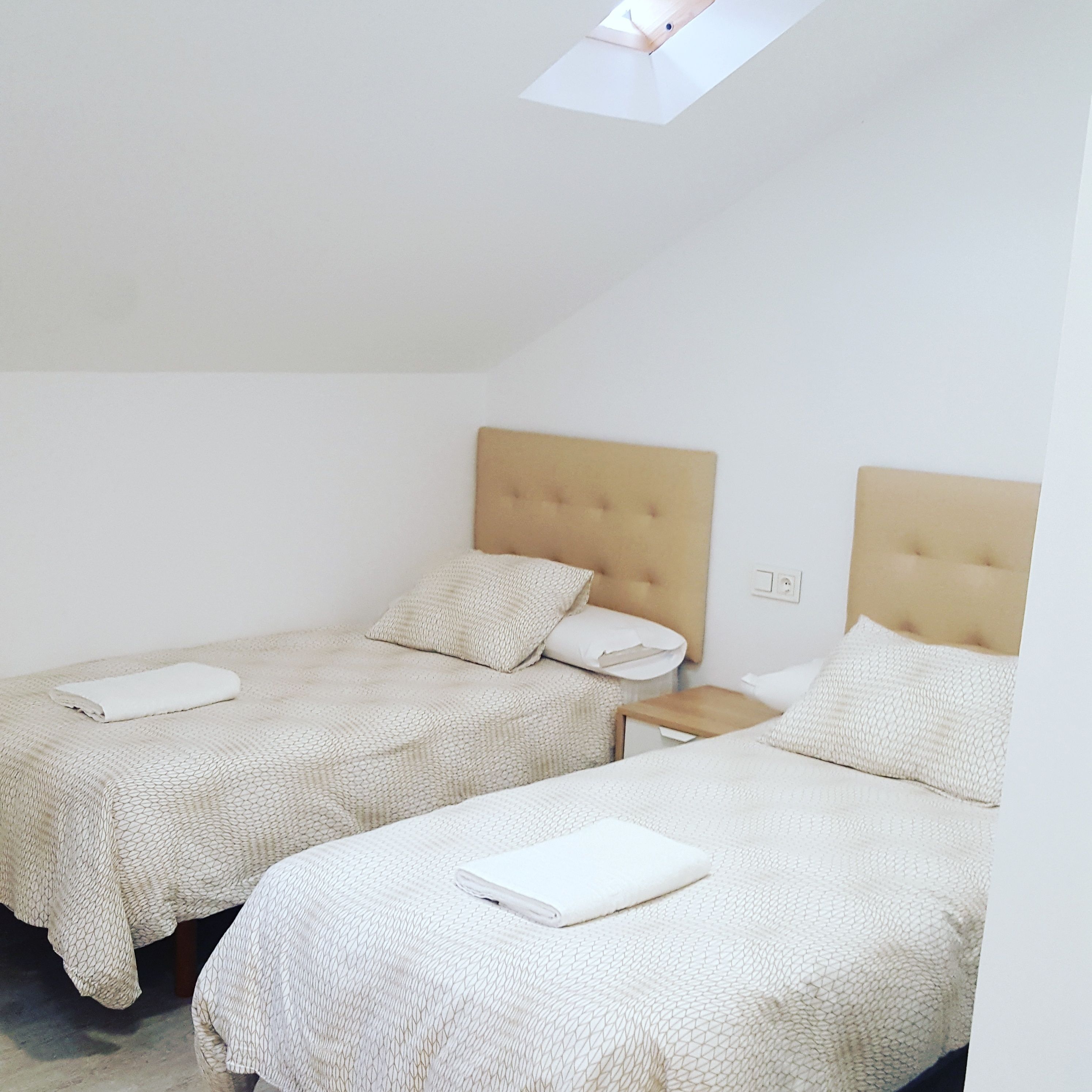 A bedroom with two beds, each with a headboard and pillows, and a skylight above.