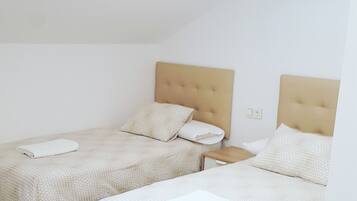 A bedroom with two beds, each with a headboard and pillows, and a skylight above.