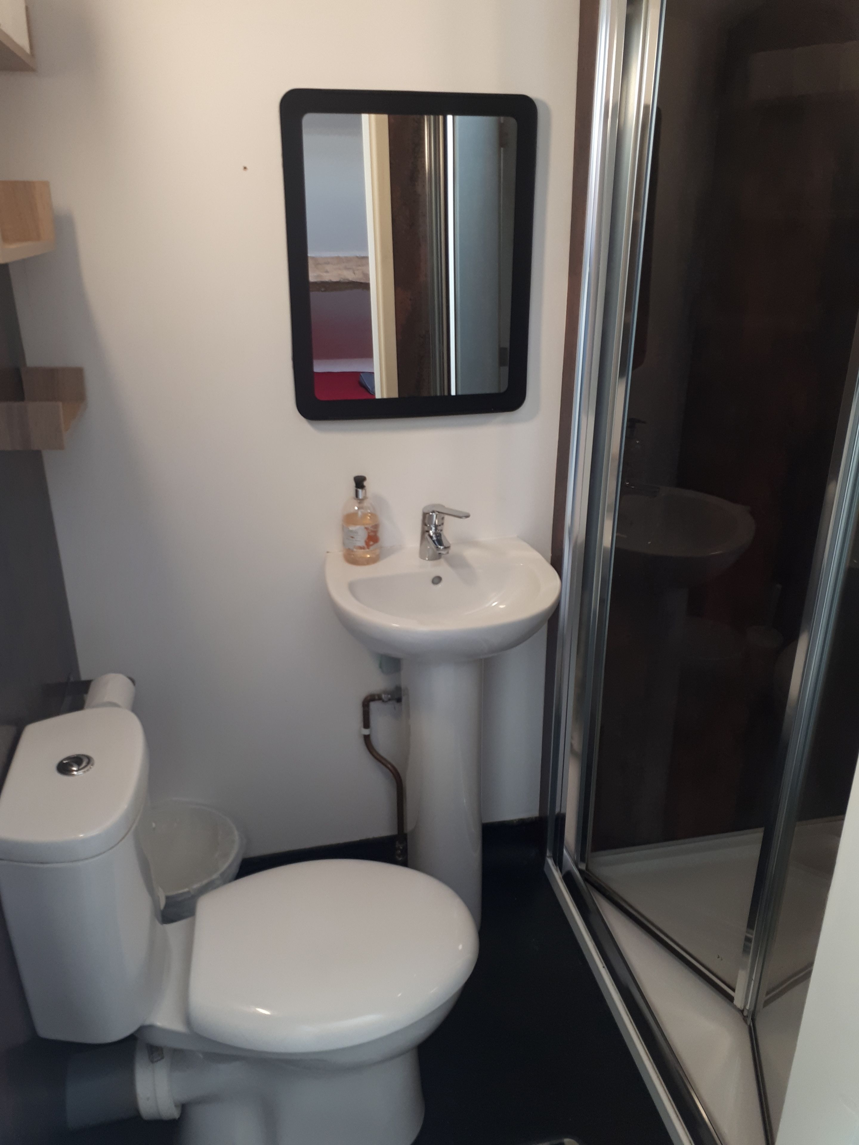 Un baño con inodoro blanco, lavamanos con pedestal, espejo y cabina de ducha con mampara de vidrio.