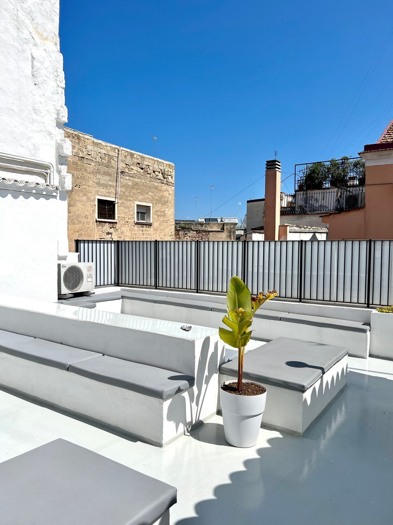 A rooftop terrace with a potted plant, a white wall, and a view of neighboring buildings.