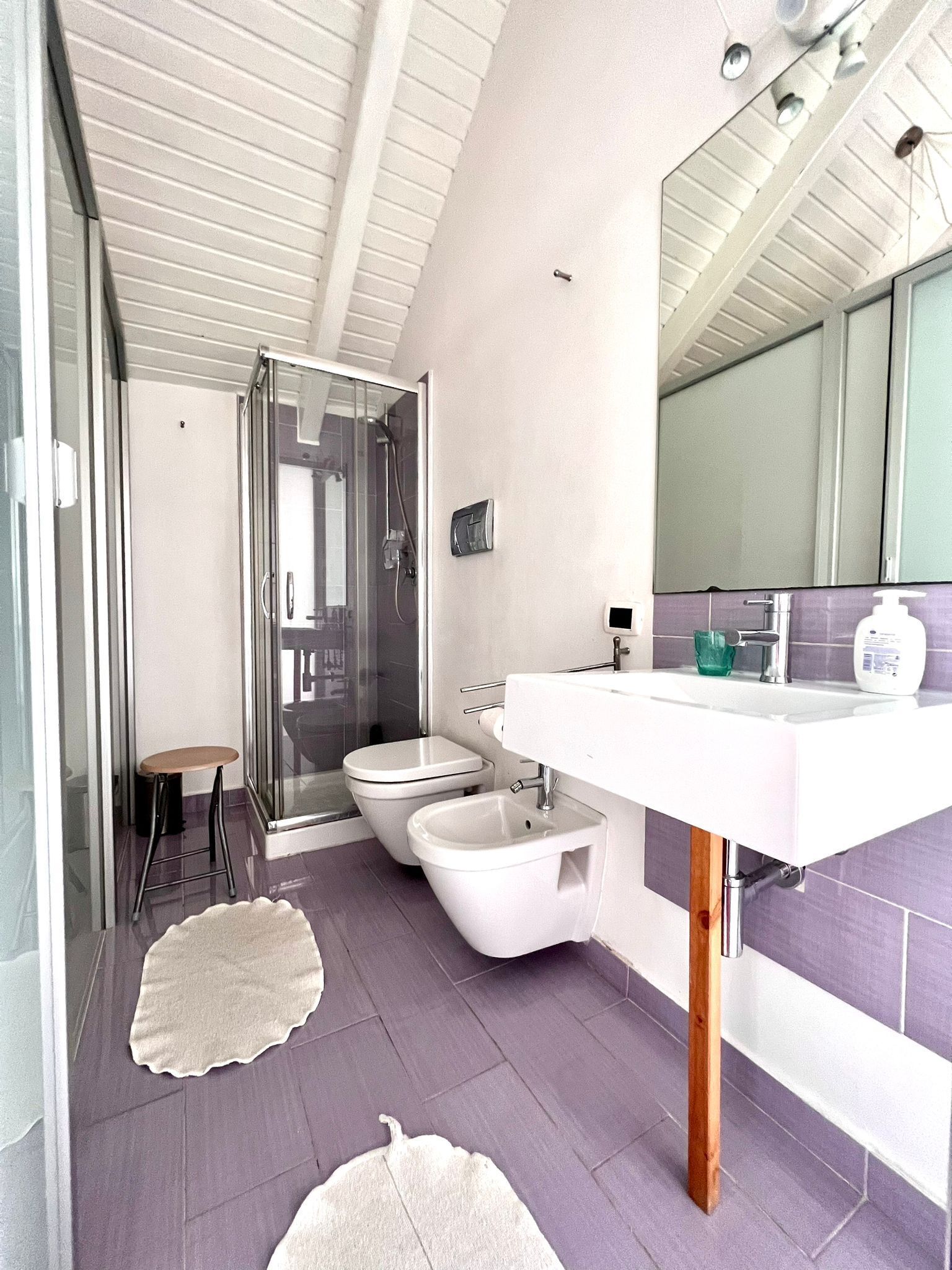 A modern bathroom with a glass shower enclosure, a white sink, and a bidet.