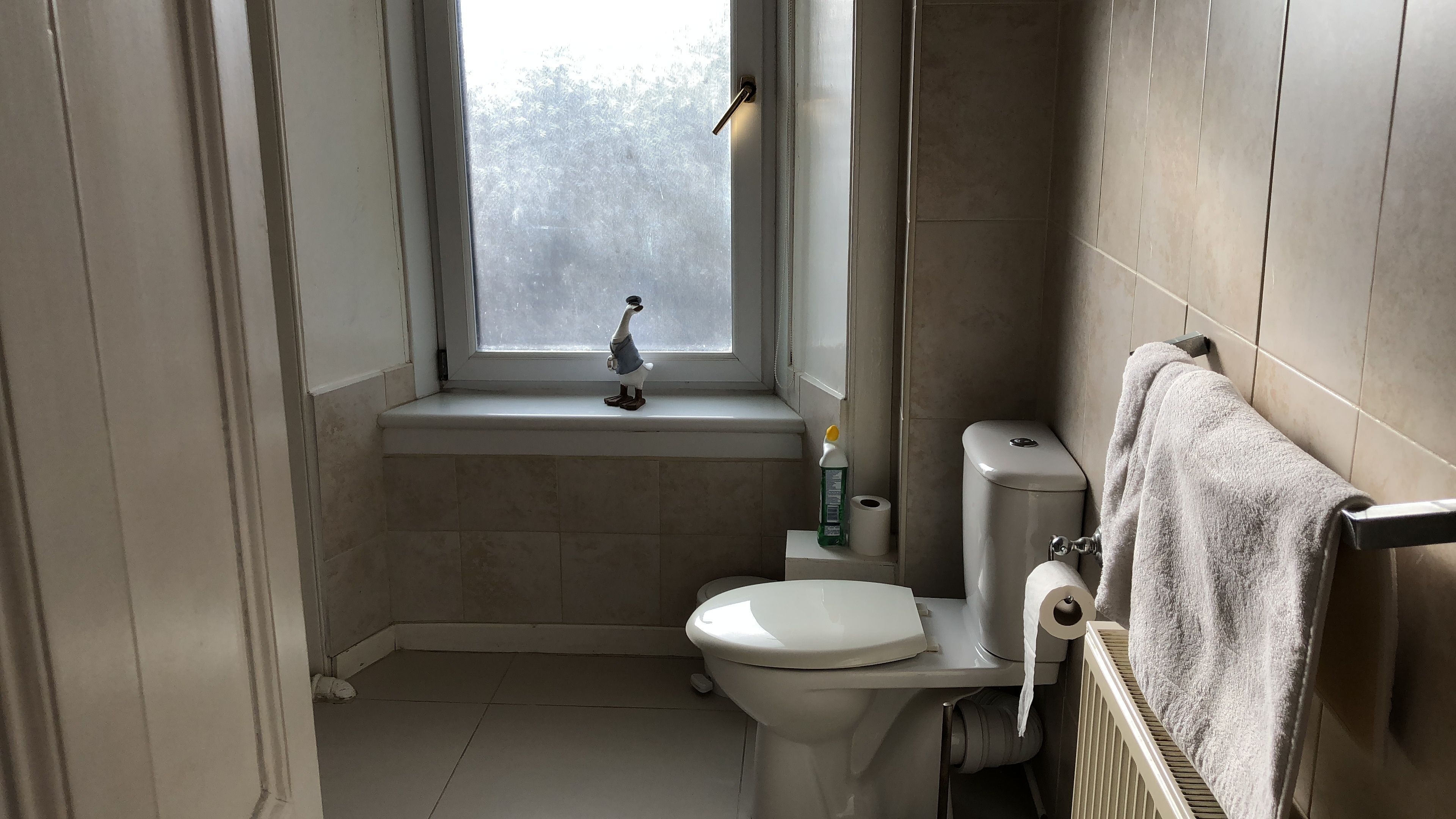A small bathroom with a toilet, a window, and a towel rack.