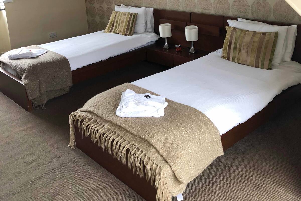 A hotel room with two beds, a patterned wallpaper, and a sloped ceiling.