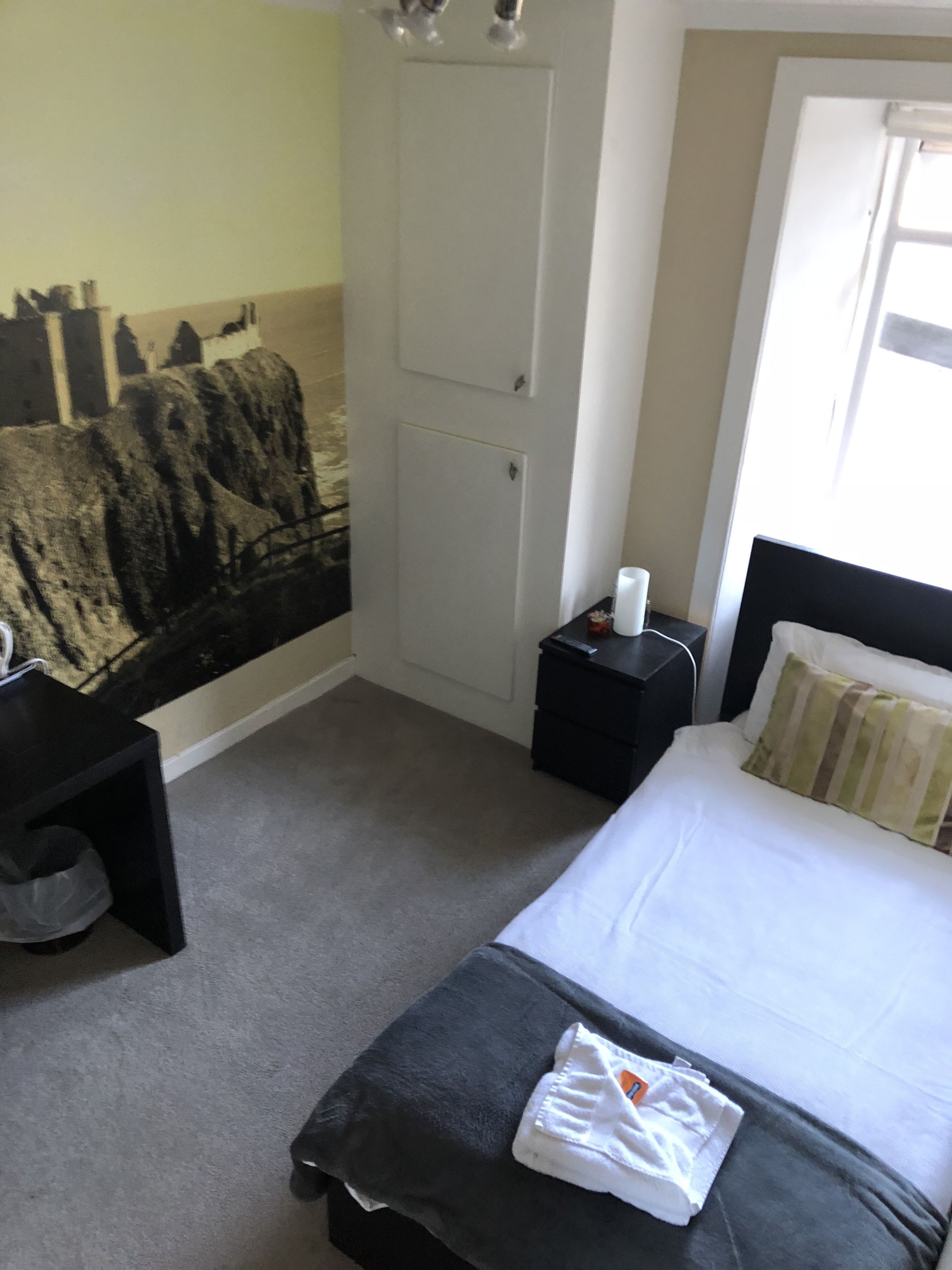 Una habitación de hotel con cama, mesita de noche, escritorio, armario y un mural en la pared.