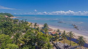 A beach with palm trees, a sandy shore, and a clear blue sky. - Pousada Coral de Fogo (Prado)