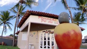 Un pequeño edificio con un letrero que dice "Pousada Pé de Cão" rodeado de palmeras.