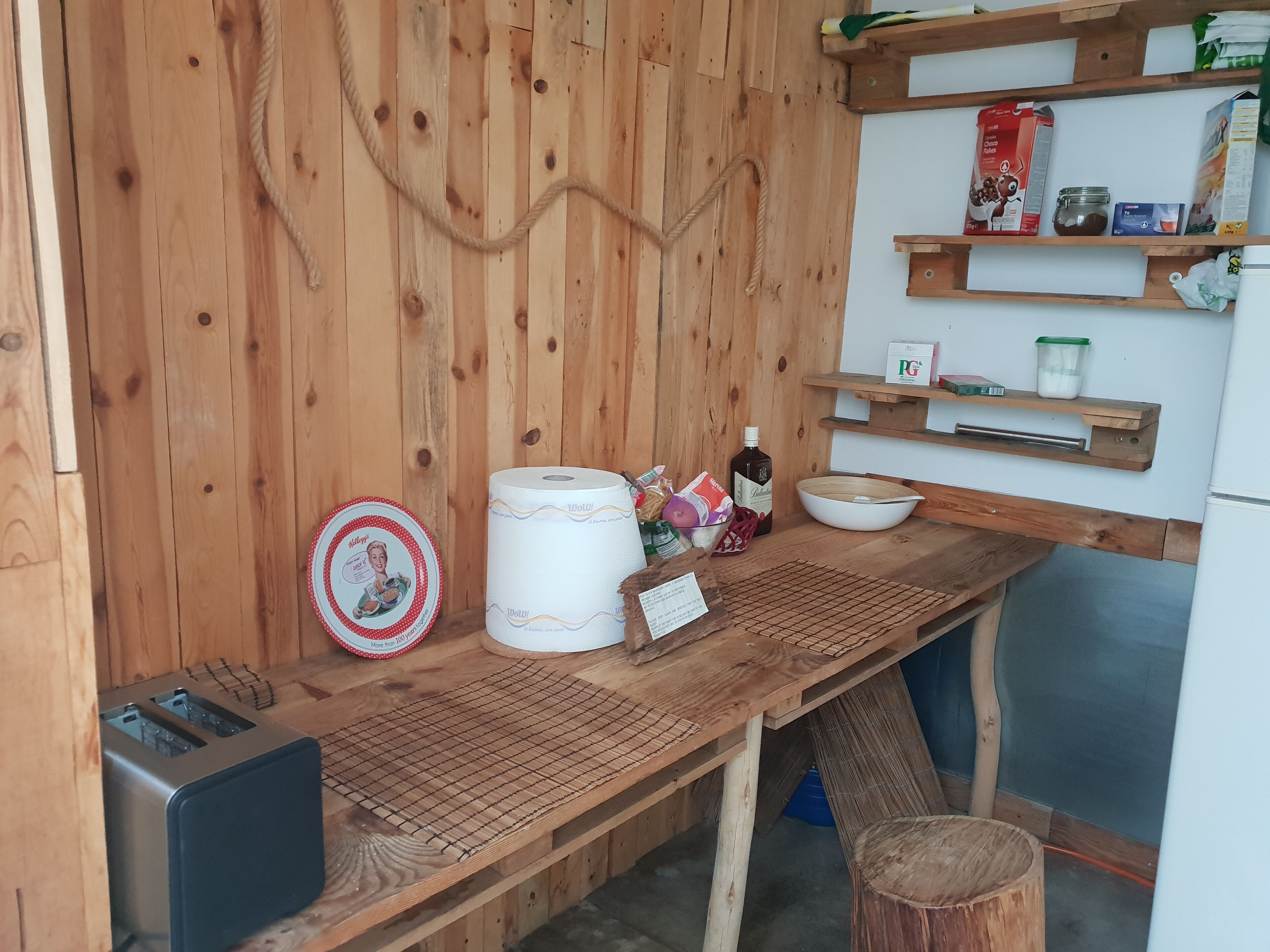 A wooden kitchen with a toaster, a large white bowl, a roll of paper towels, and a bottle of olive oil on the counter.