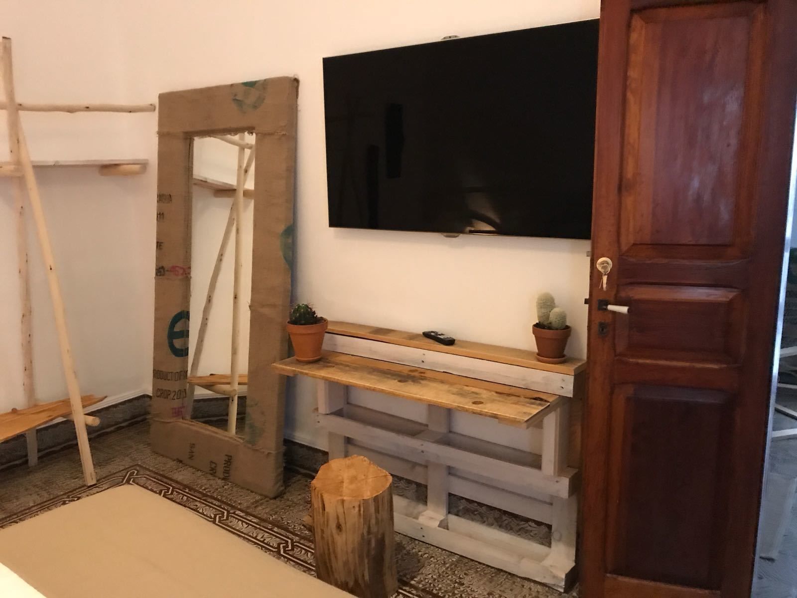 A room with a wooden door, a mounted TV, a wooden bench, and a cactus plant.