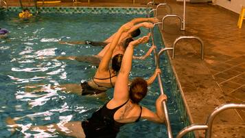 Indoor pool, outdoor pool, pool umbrellas, sun loungers