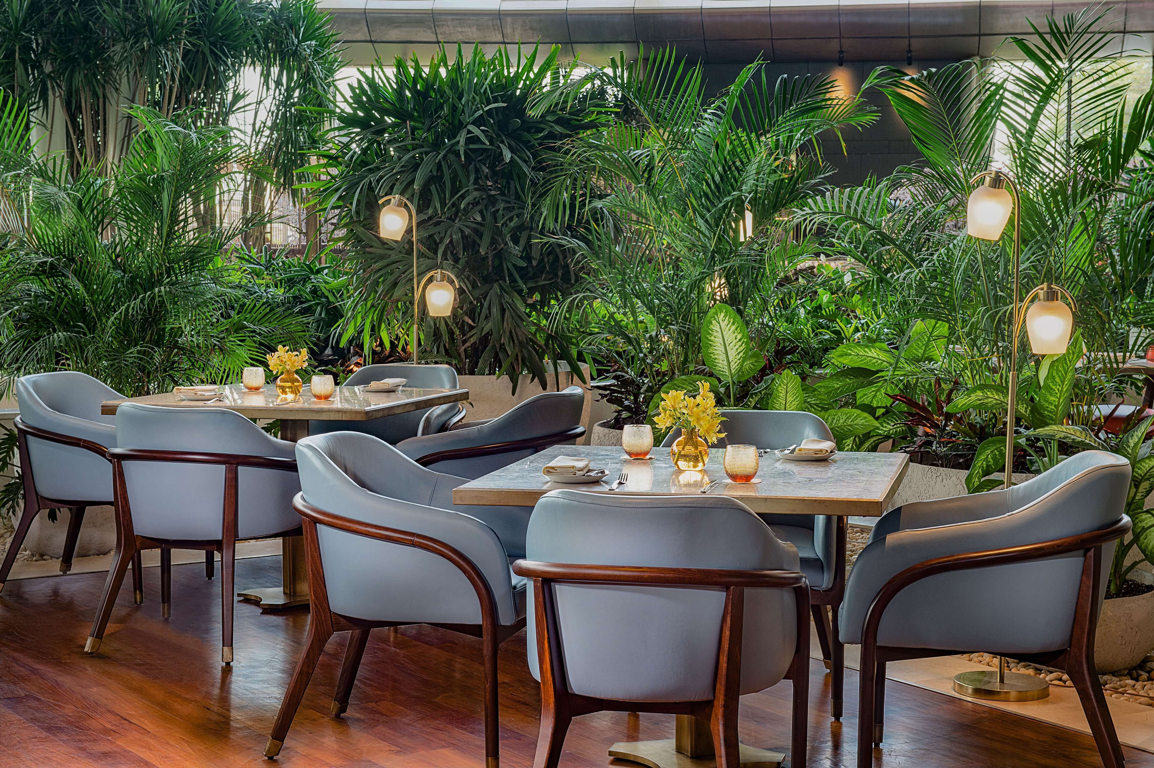Un restaurante con mesas y sillas, rodeado de abundante vegetación e iluminación decorativa.