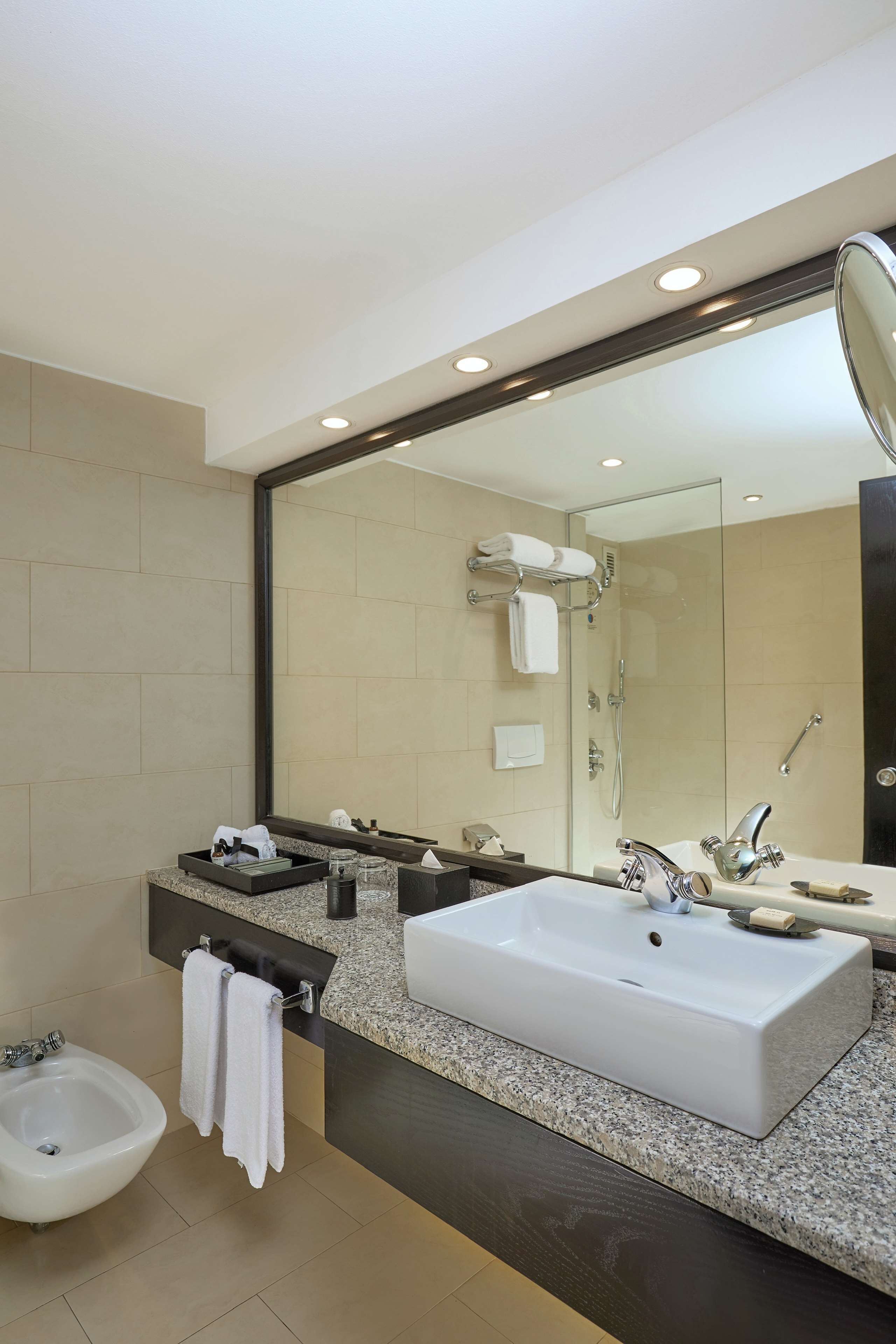 A modern bathroom with a large mirror, a bidet, a sink, and a shower.