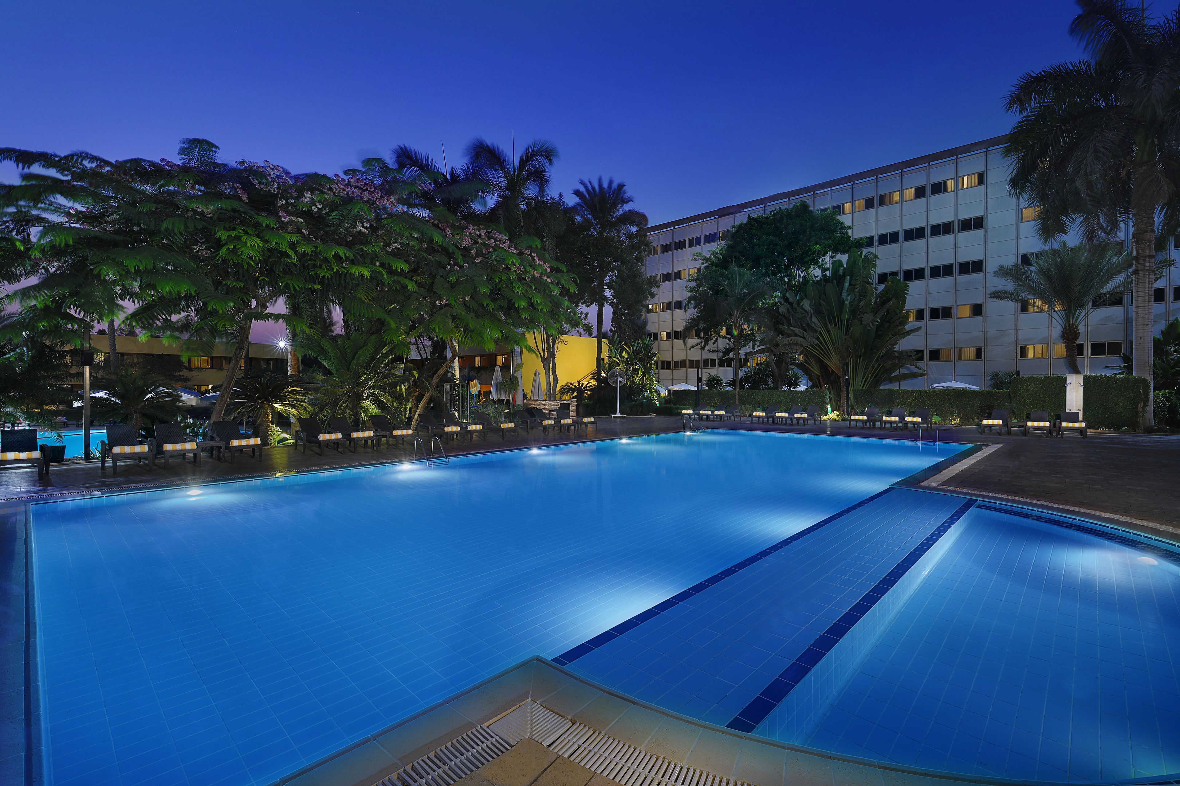 A large indoor swimming pool with clear lanes, surrounded by lounge chairs and palm trees, with a modern building in the background.