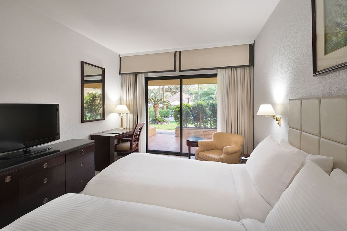 Habitación de hotel con cama, televisión, escritorio, silla y vistas al exterior.