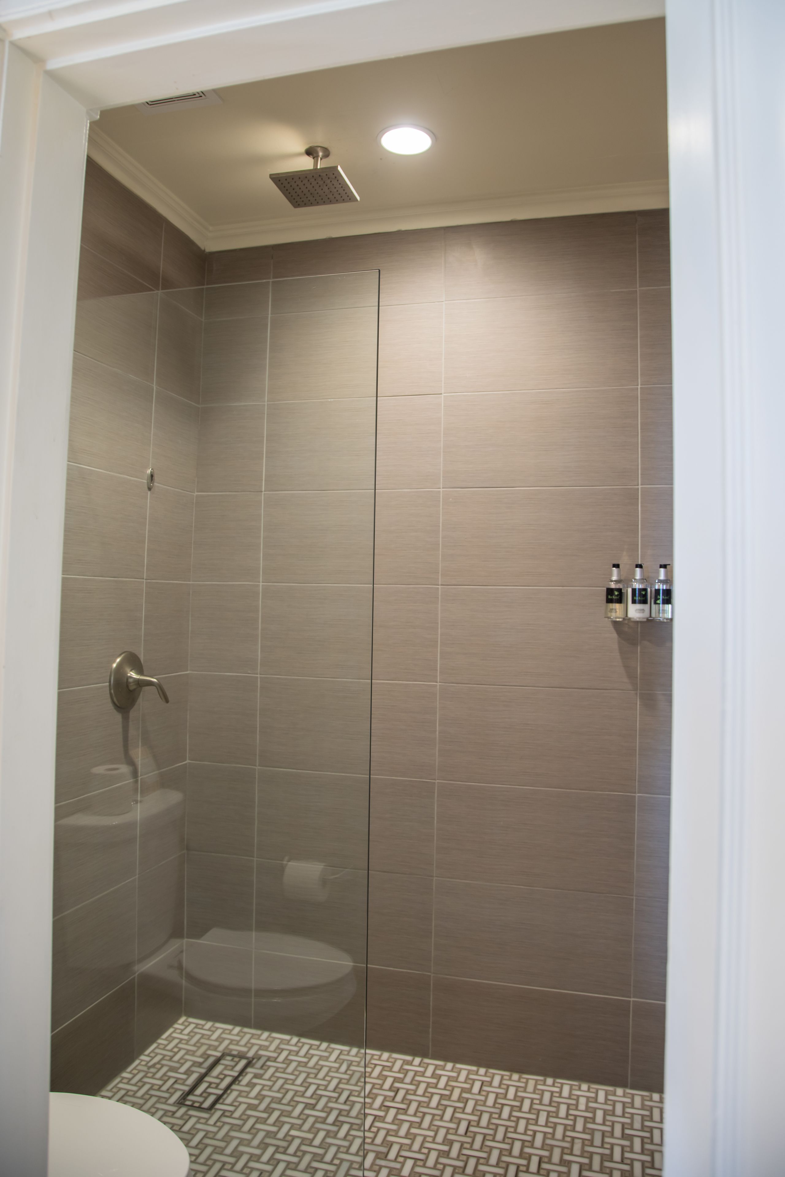 A modern shower area with a glass door, a toilet, and a small shelf with toiletries.