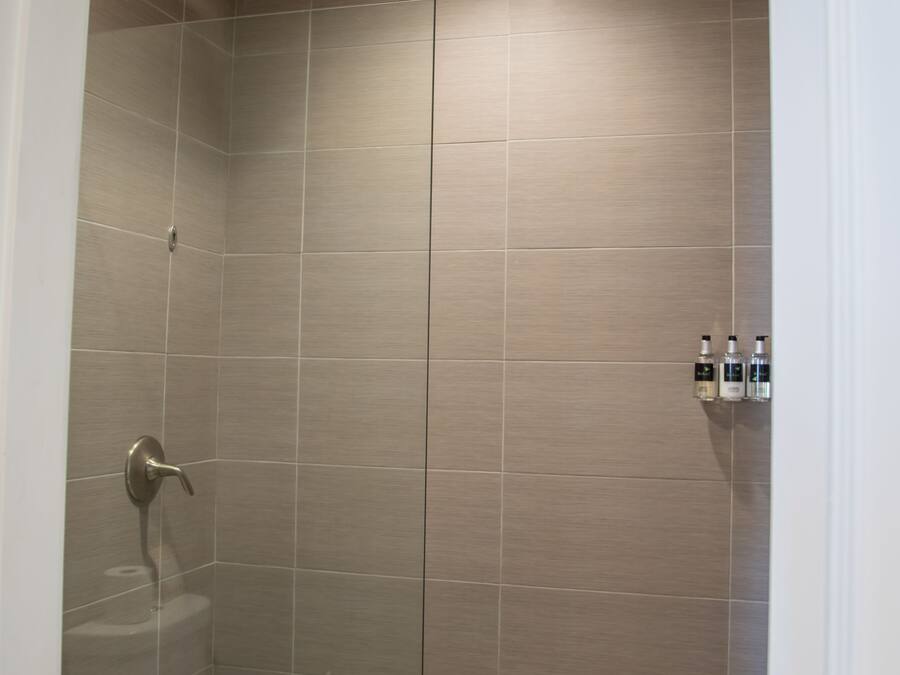 A modern shower area with a glass door, a toilet, and a small shelf with toiletries.