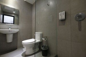 Shower, free toiletries, hair dryer, slippers