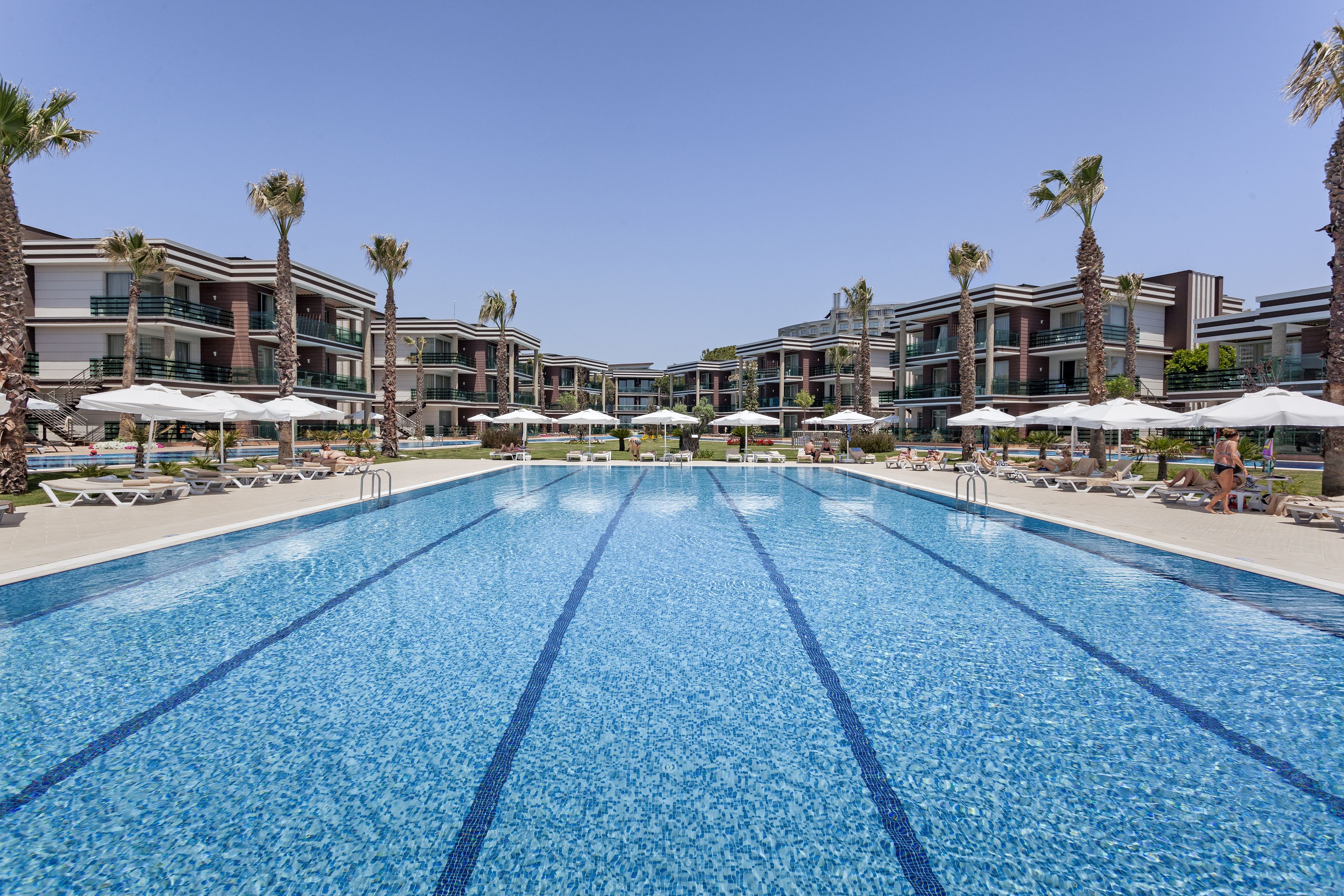 A swimming pool with lounge chairs and umbrellas, surrounded by palm trees and modern buildings.