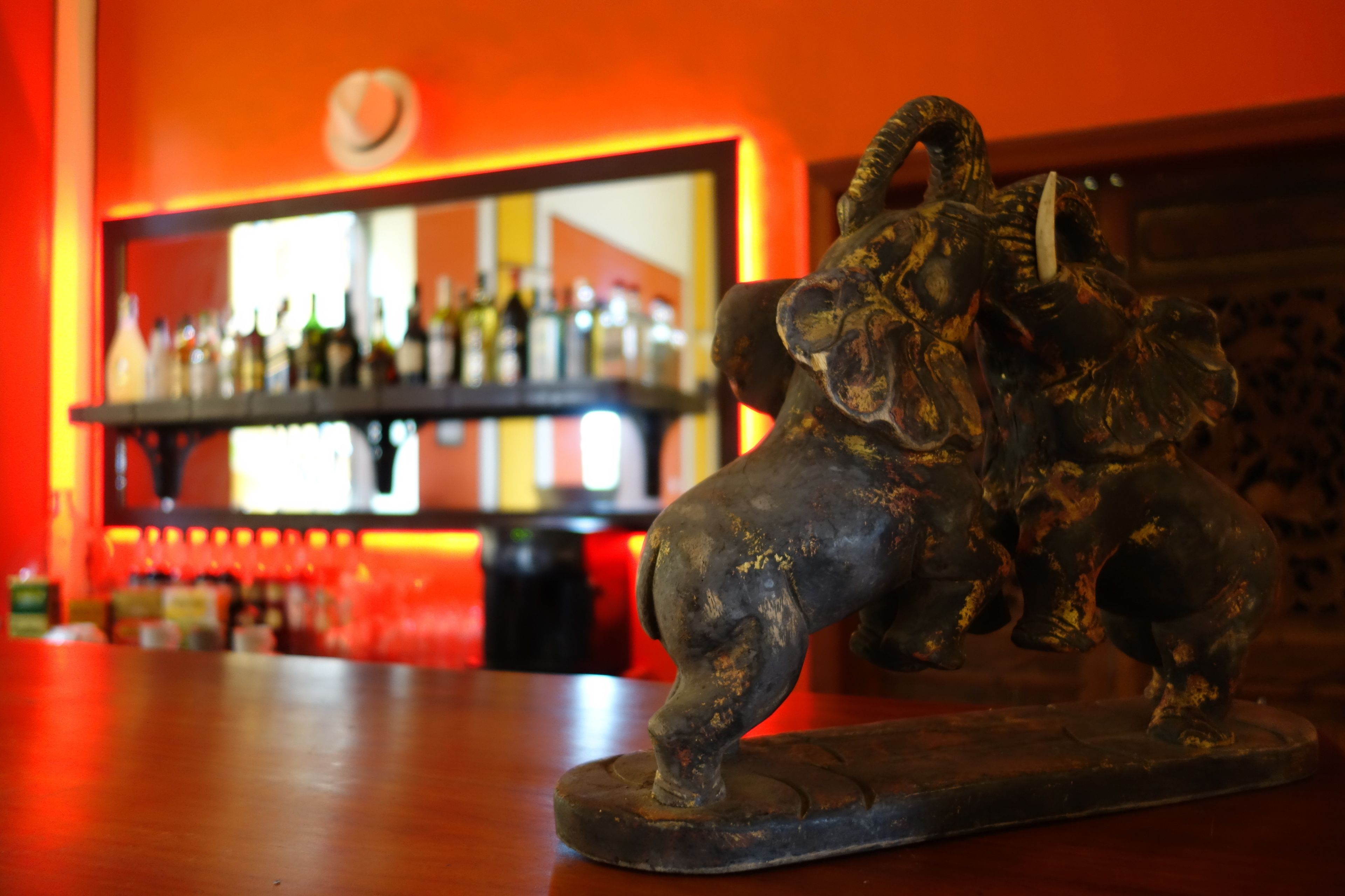 Una zona de bar con mostrador de madera y una estatua decorativa de elefante.