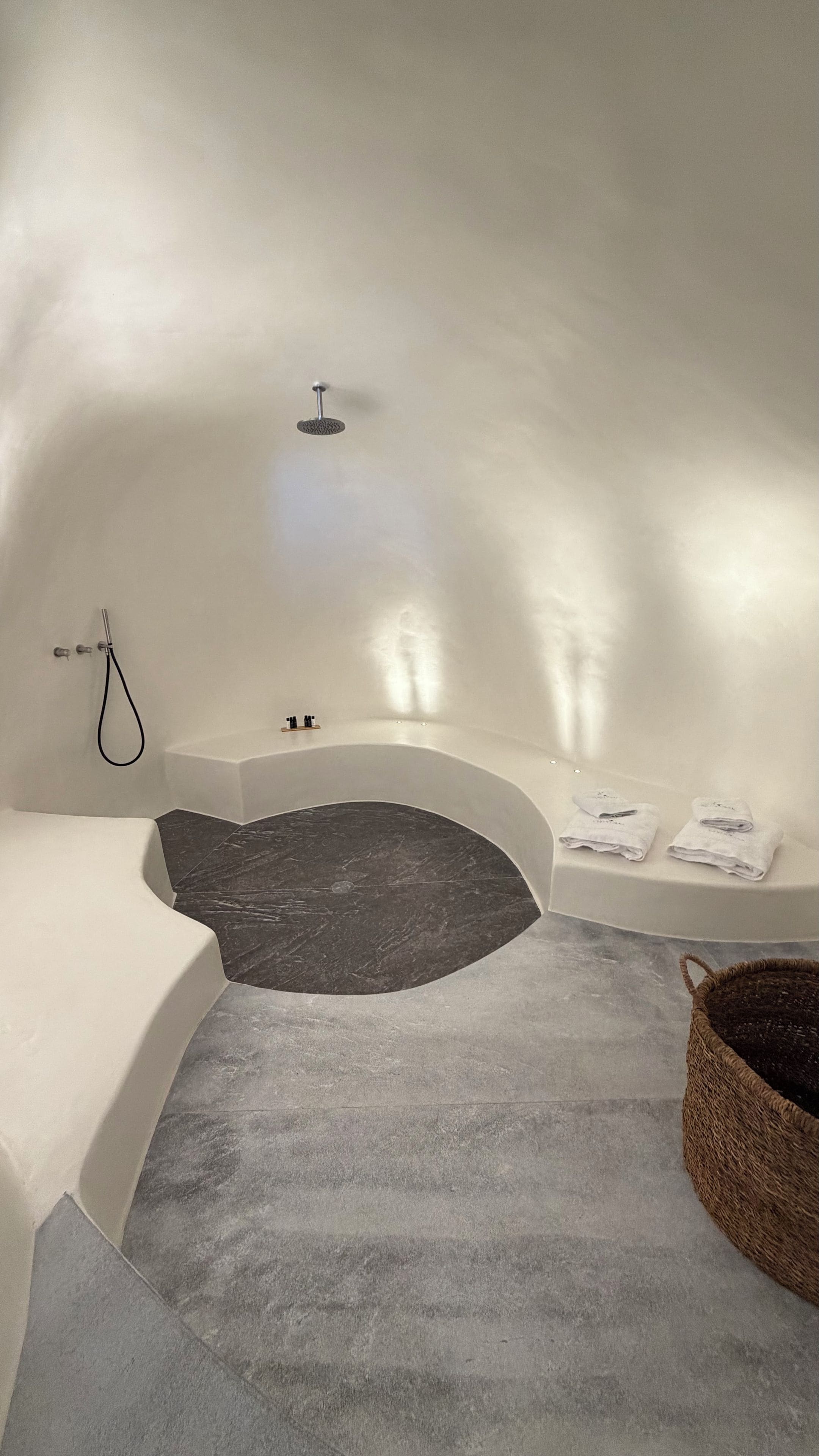 A modern bathroom with a freestanding bathtub, a showerhead, and a towel rack.