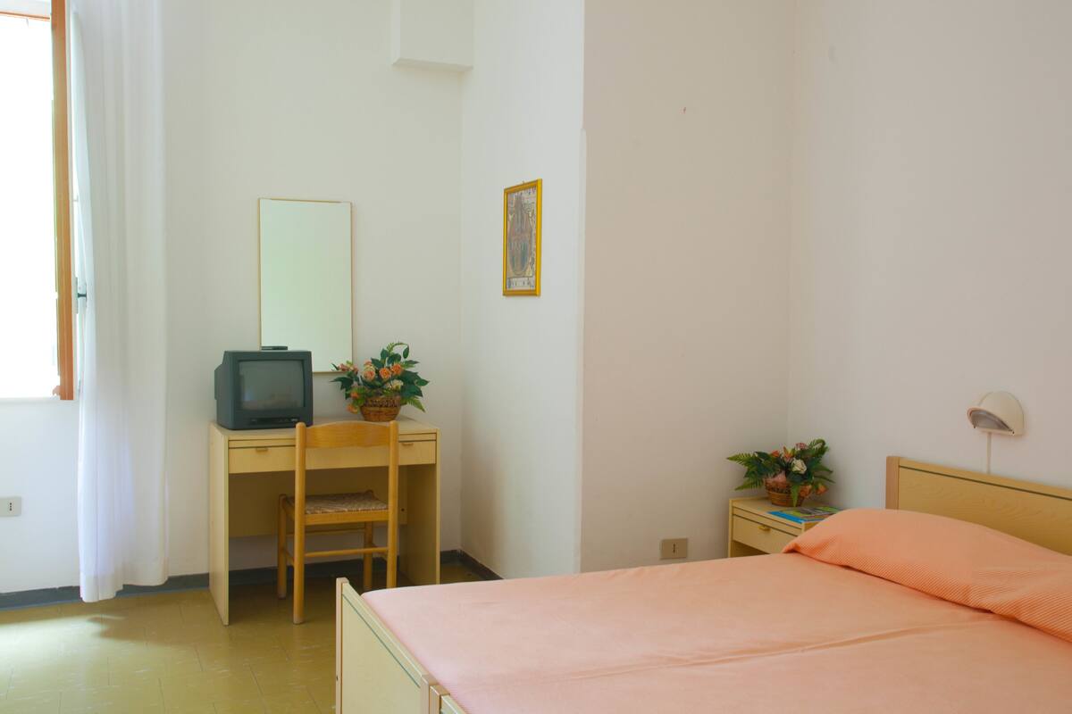 Une chambre à coucher avec un lit, un bureau avec une télévision, une chaise et deux plantes en pot.