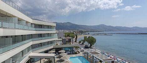On the beach, sun loungers