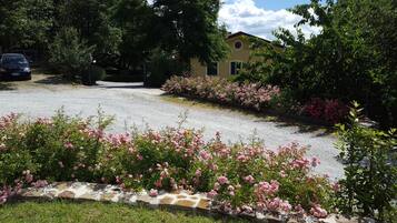 Une allée de gravier mène à une maison entourée d’une végétation luxuriante et de fleurs roses.