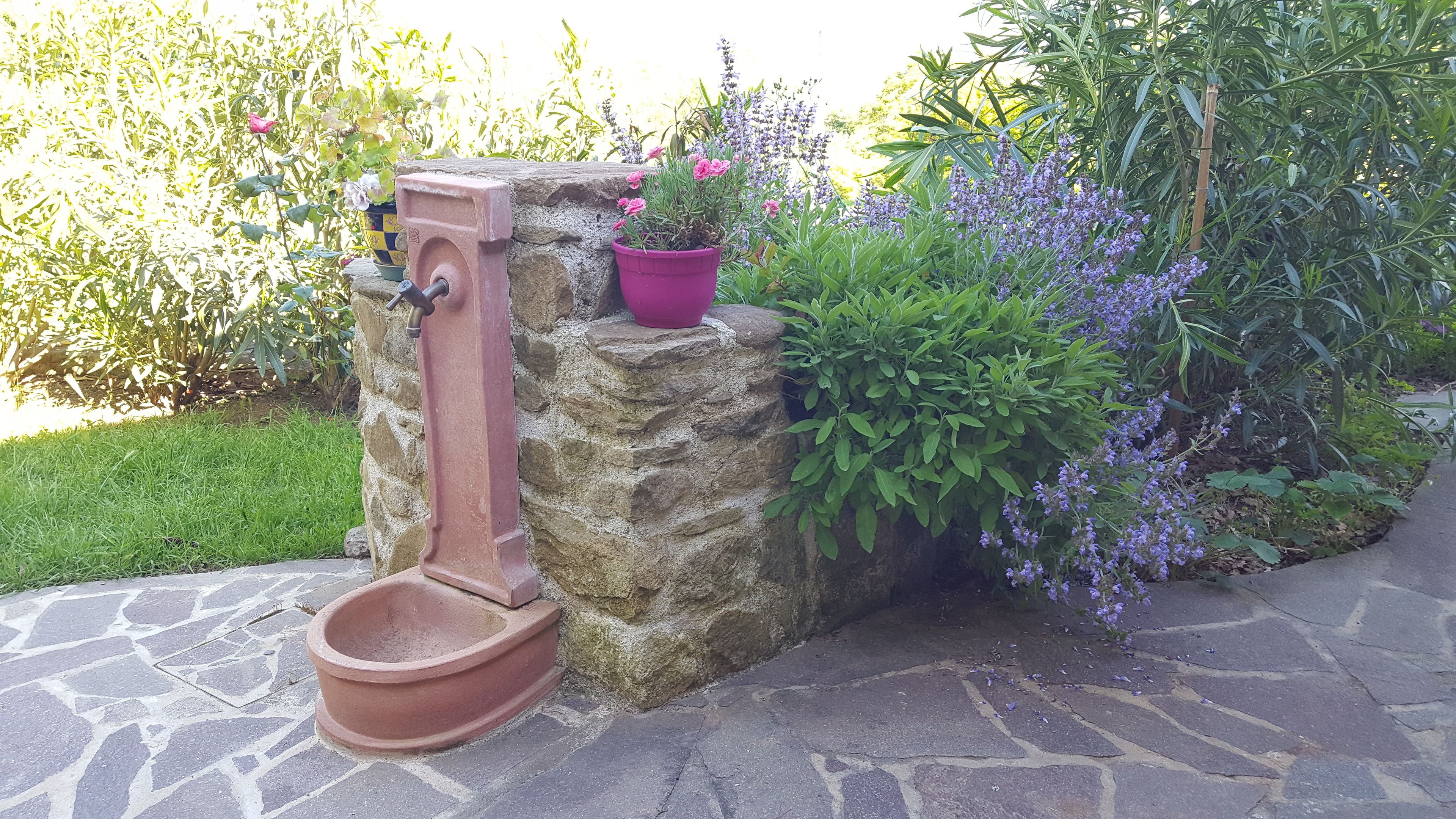 A traditional water pump on a stone wall with potted plants and flowers.