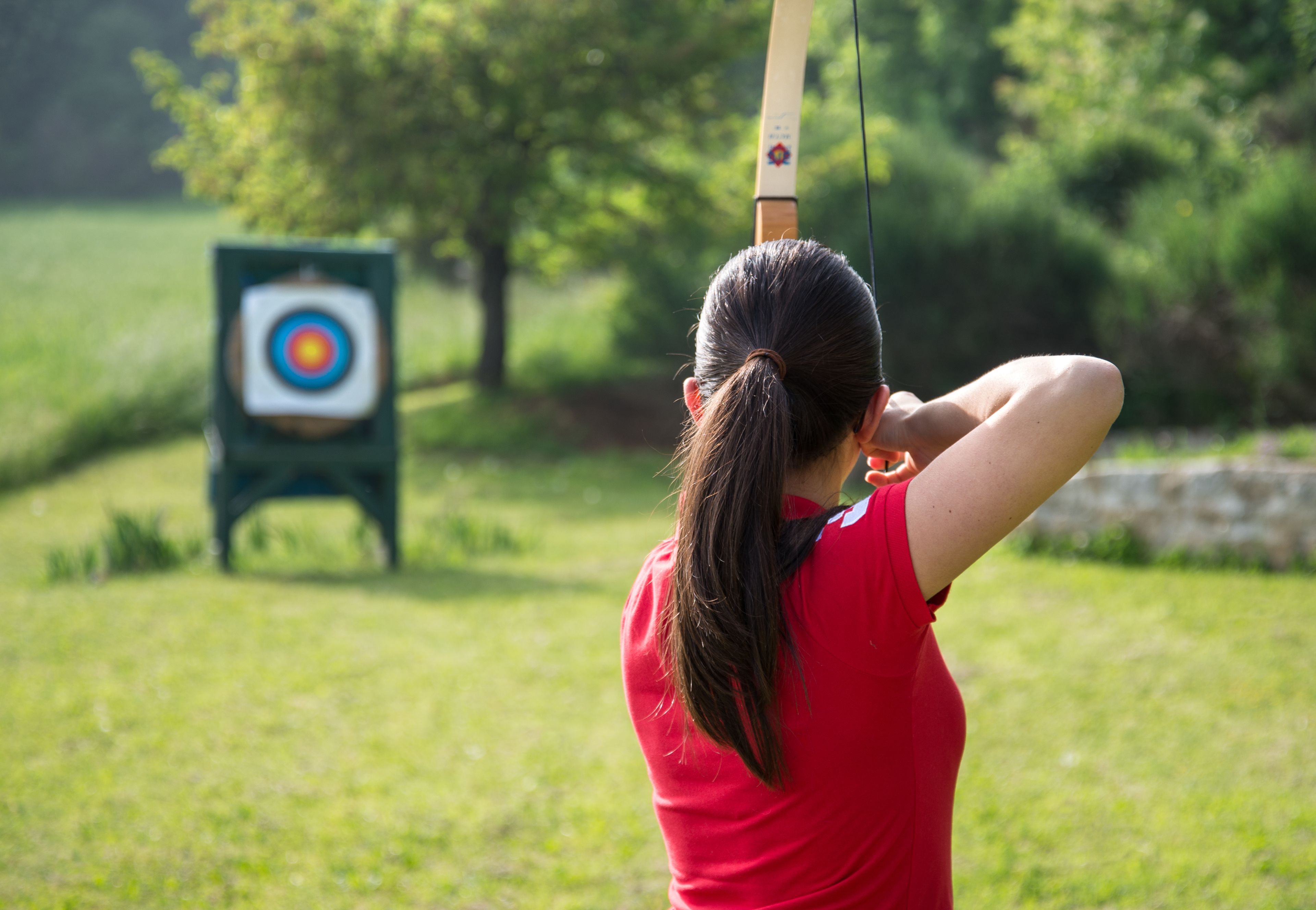 A person in a red shirt aiming a bow at a target.