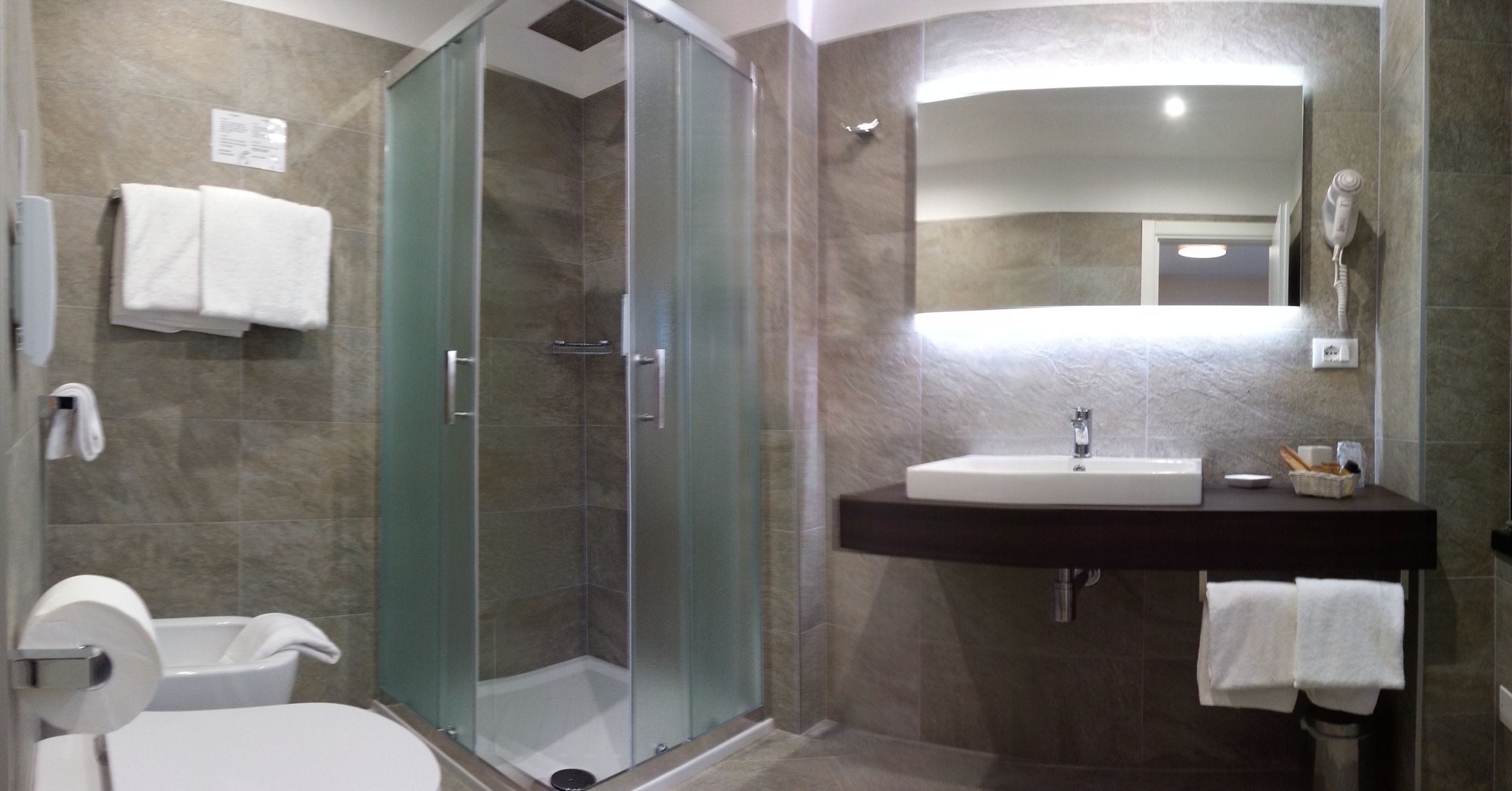 shower, hair dryer, bidet, towels