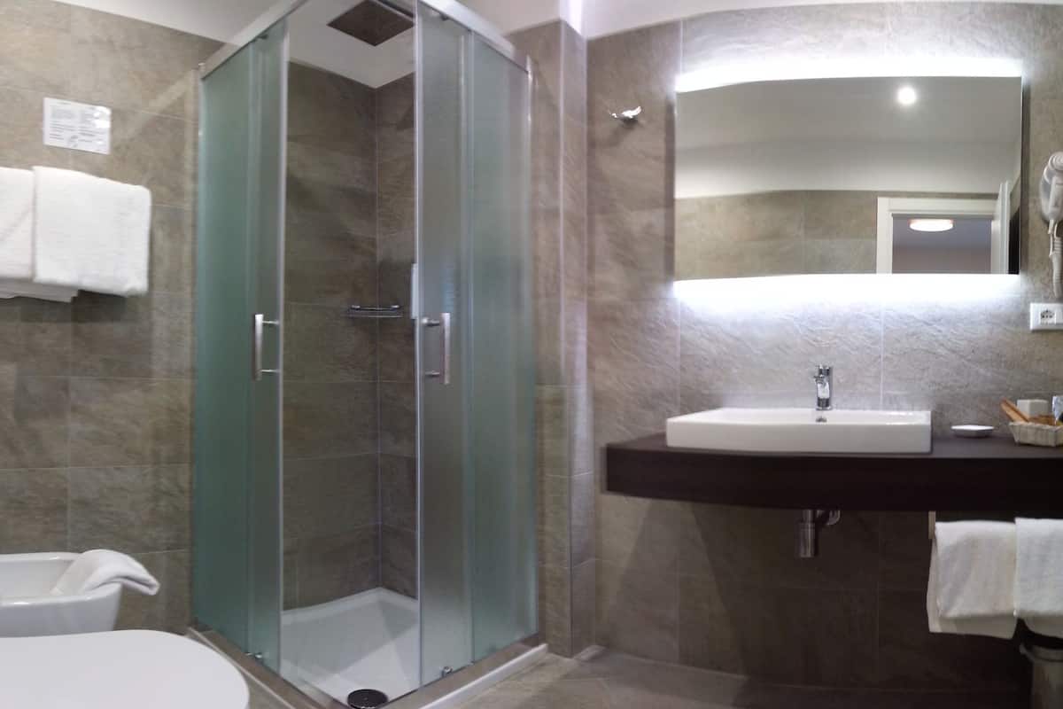 shower, hair dryer, bidet, towels