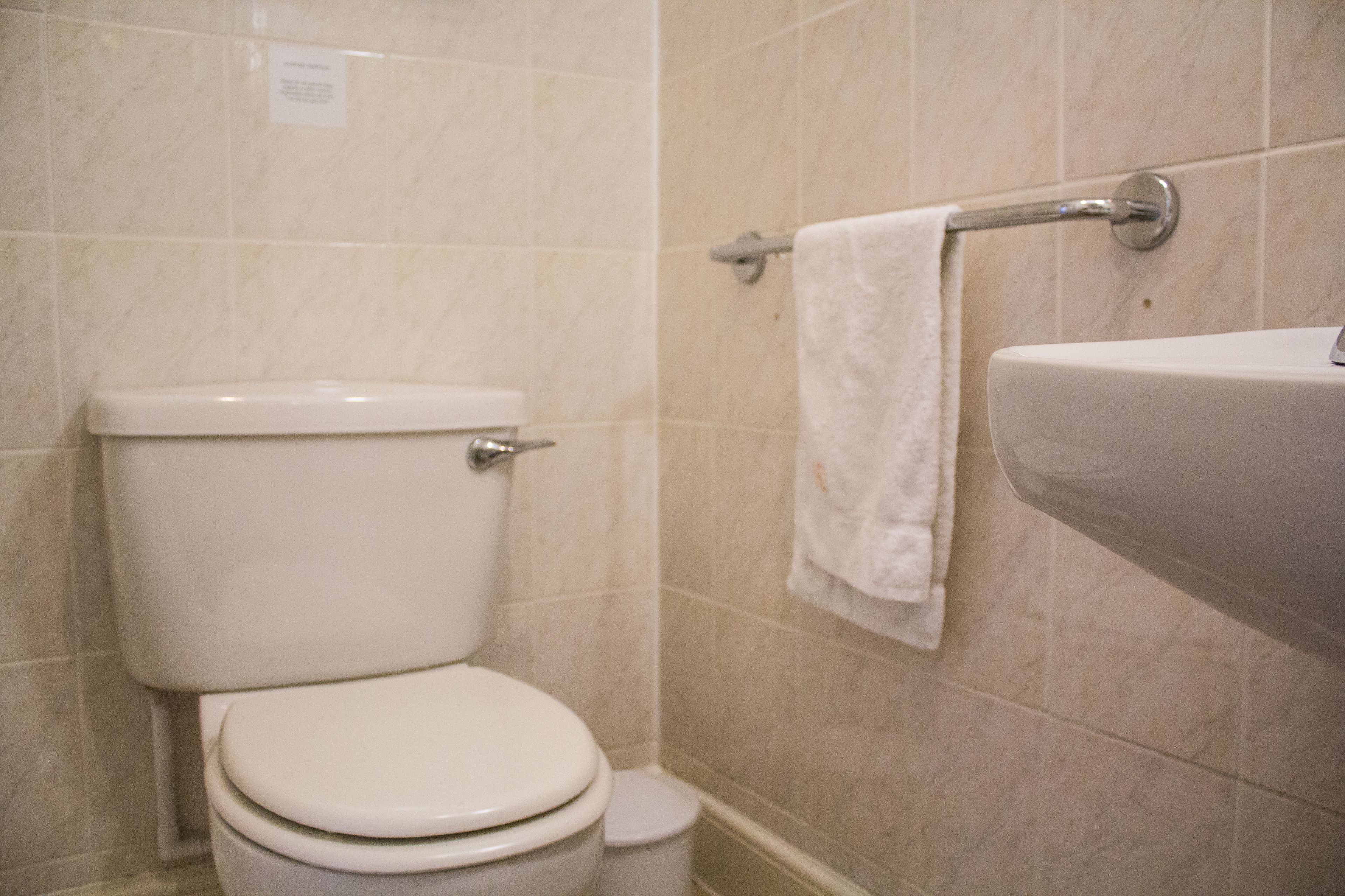 Un baño con inodoro, lavamanos y toallero.