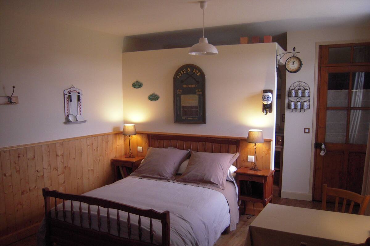 A bedroom with a wooden bed, two bedside tables with lamps, a wooden dresser, a wooden chair, and a door with a window.