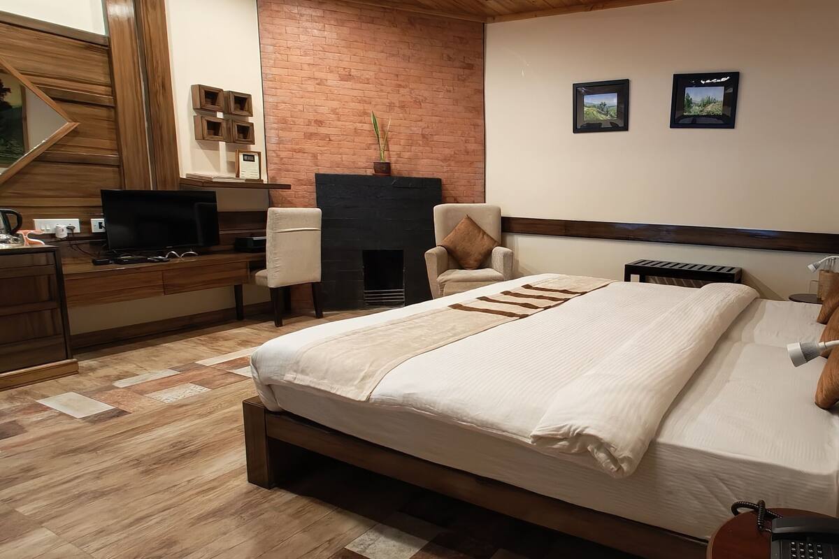 A bedroom with a bed, a desk, a chair, a fireplace, and a TV.