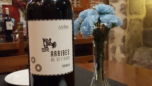 A bottle of Arribes de Vettonia wine on a table with a small vase of blue flowers. - Posada de Bleto (Ledesma)