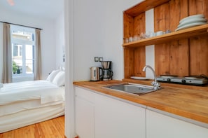 B1 One Bedroom Apartment, Street View | Private kitchen | Fridge, stovetop, coffee/tea maker, electric kettle - Athens Residence Apartments (Athens)