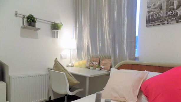 A hotel room with a bed, a desk, a chair, a radiator, a window with curtains, a wall-mounted shelf with plants, and a poster on the wall. - Muse Homestay (Coventry)