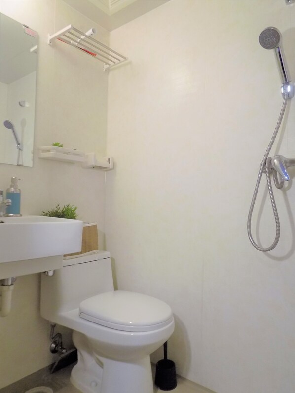 A bathroom with a toilet, a sink, a mirror, a shower head, and a small shelf with a plant.