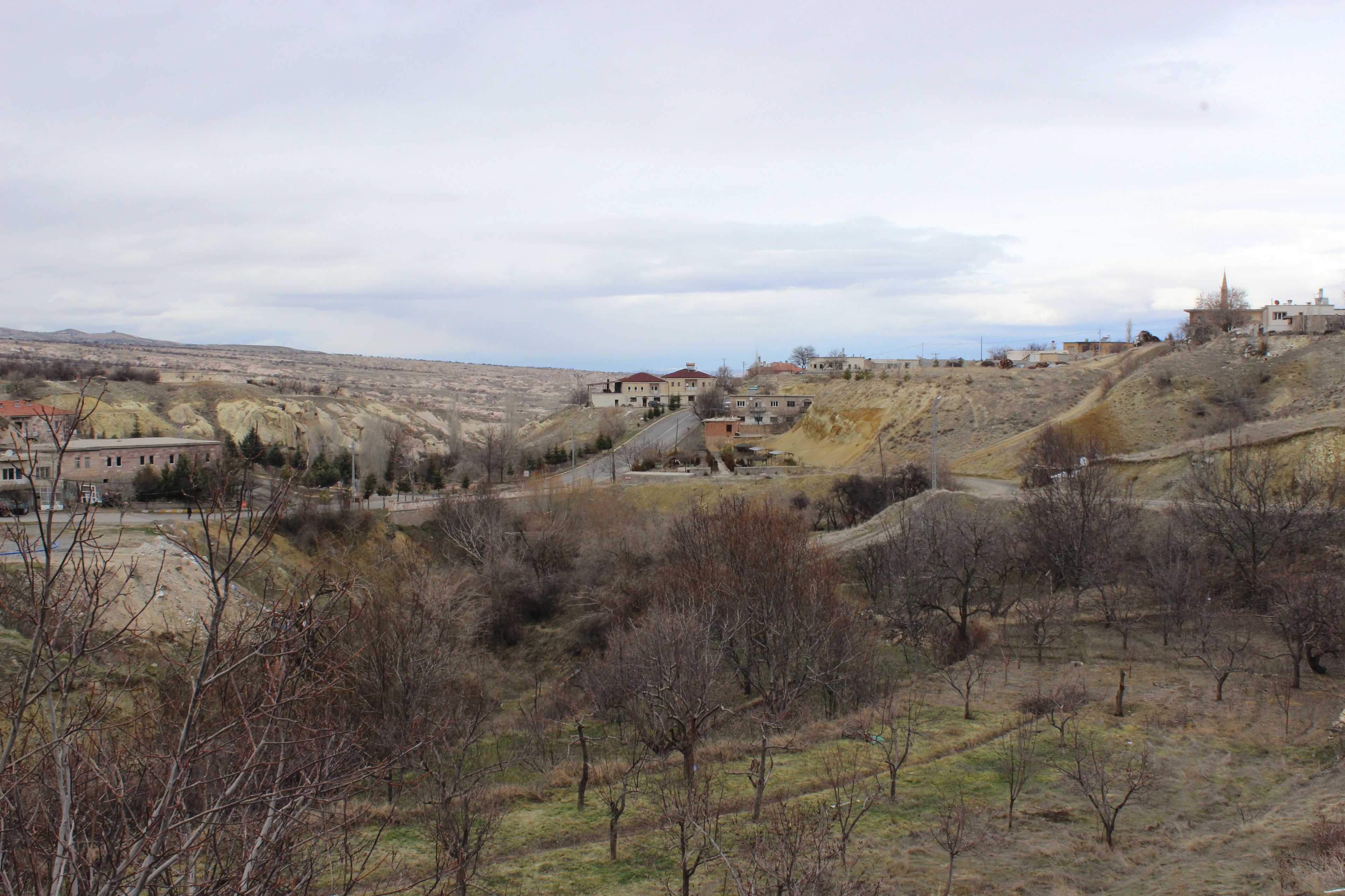 A rural landscape with scattered houses, a dirt road, and sparse vegetation.
