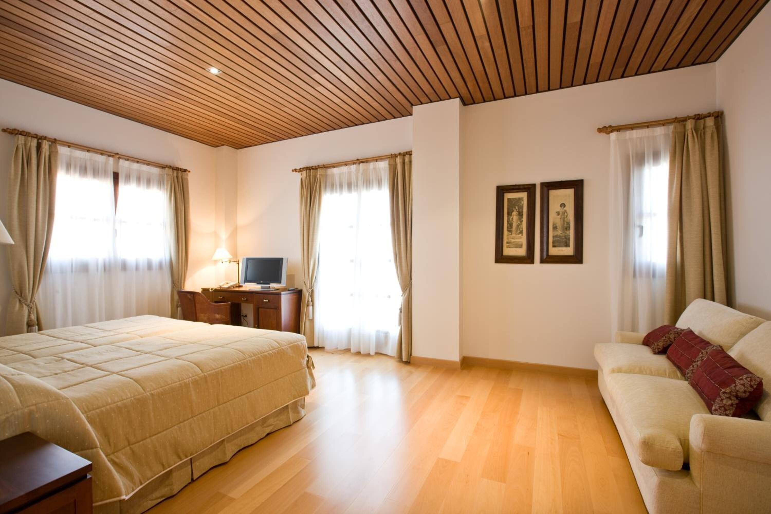 Une chambre à coucher avec un lit, un bureau, une télévision et un canapé.