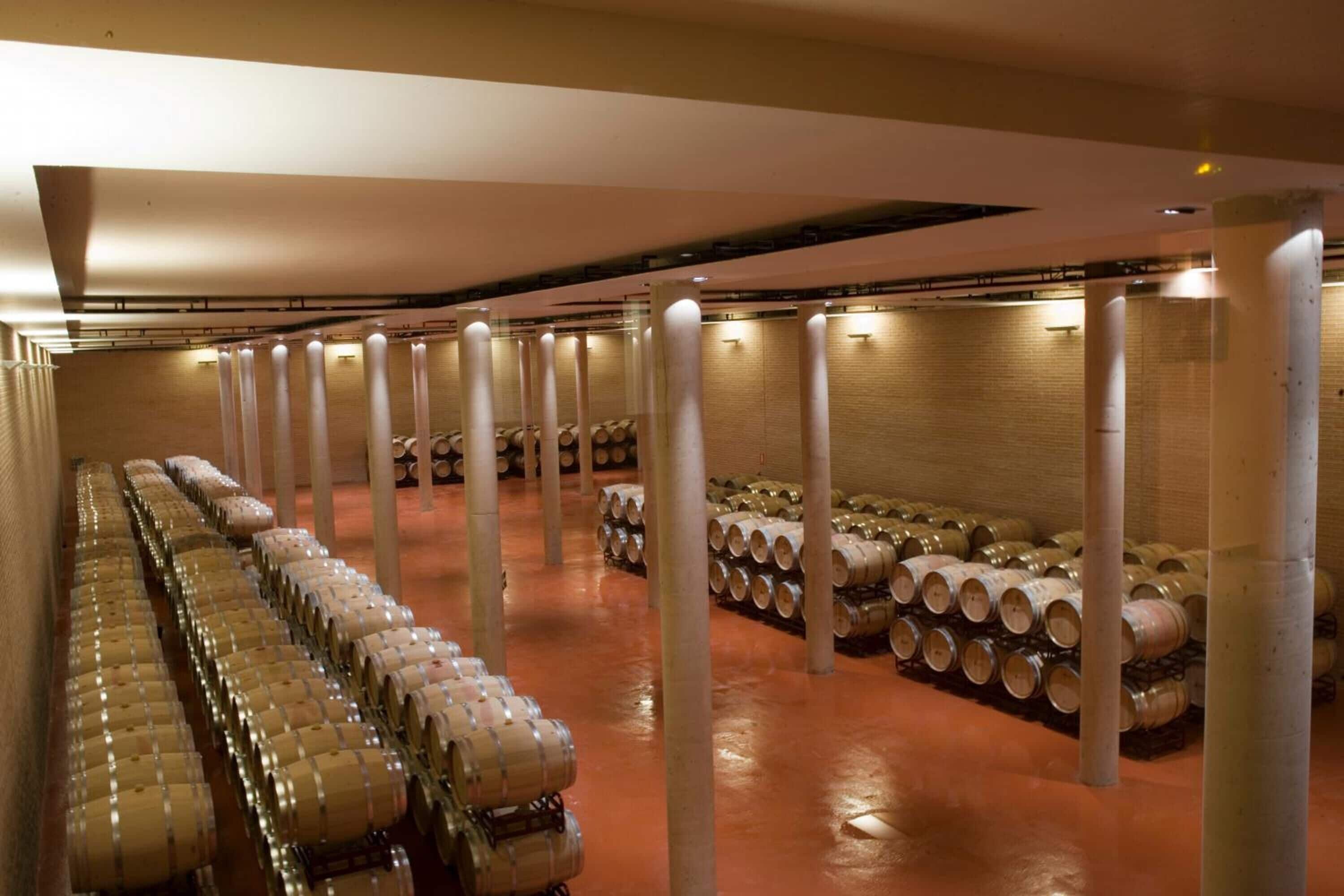 A wine cellar with rows of wine barrels and a brick wall.